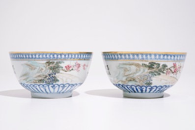 Une paire et un ensemble de trois bols en porcelaine de Chine qianjiang cai, 19/20&egrave;me