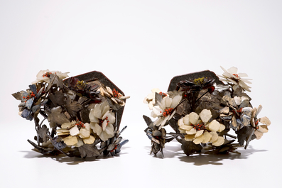 A pair of Chinese jade, soapstone, agate and coral trees in cloisonn&eacute; pots, China, 19/20th C.