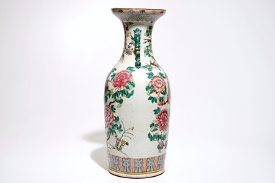 A large Chinese famille rose vase with birds and flowers, 19th C.