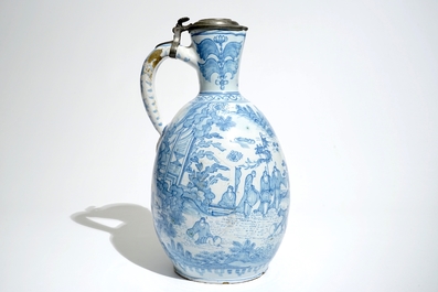 A large blue and white pewter-mounted jug, Delft or Frankfurt, 17th C.