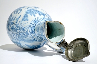 A large blue and white pewter-mounted jug, Delft or Frankfurt, 17th C.