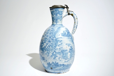 A large blue and white pewter-mounted jug, Delft or Frankfurt, 17th C.