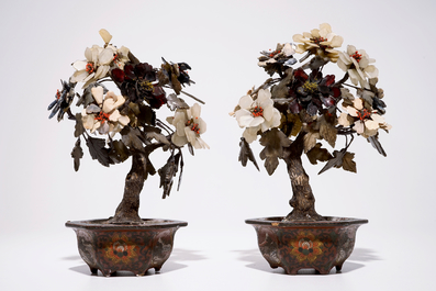 A pair of Chinese jade, soapstone, agate and coral trees in cloisonn&eacute; pots, China, 19/20th C.