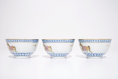 Een paar en een set van drie Chinese kommen met qianjiang cai decor, 19/20e eeuw