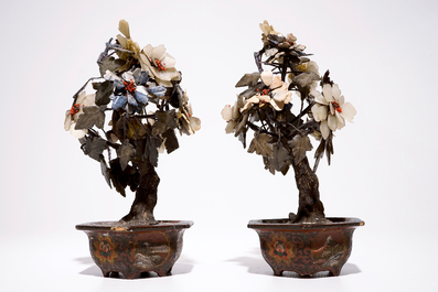 A pair of Chinese jade, soapstone, agate and coral trees in cloisonn&eacute; pots, China, 19/20th C.