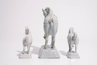 Three various white Dutch Delft horses, 18th C.