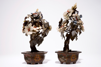 A pair of Chinese jade, soapstone, agate and coral trees in cloisonn&eacute; pots, China, 19/20th C.