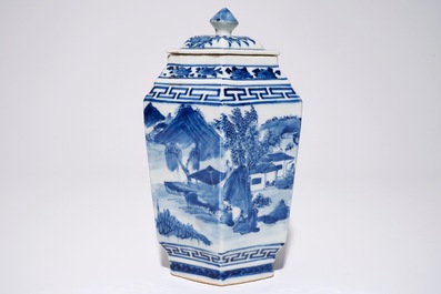 A Chinese hexagonal blue and white covered jar with landscape design, 19th C.
