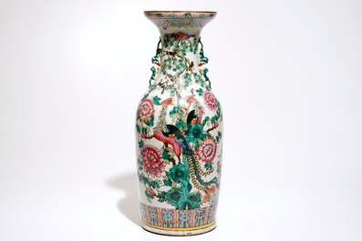 A large Chinese famille rose vase with birds and flowers, 19th C.