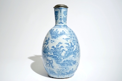 A large blue and white pewter-mounted jug, Delft or Frankfurt, 17th C.