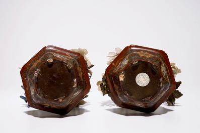 A pair of Chinese jade, soapstone, agate and coral trees in cloisonn&eacute; pots, China, 19/20th C.