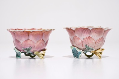 A pair of Chinese famille rose lotus-shaped cups and saucers, Yongzheng