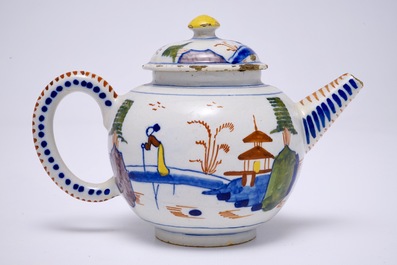 A polychrome Dutch Delft chinoiserie teapot and cover, 18th C.