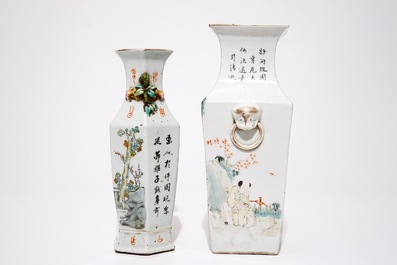 A square Chinese qianjiang cai vase and a hexagonal famille rose vase, 19/20th C.