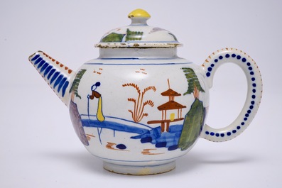 A polychrome Dutch Delft chinoiserie teapot and cover, 18th C.