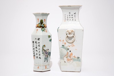 Een vierkante Chinese qianjiang cai vaas en een zeshoekige famille rose vaas, 19/20e eeuw