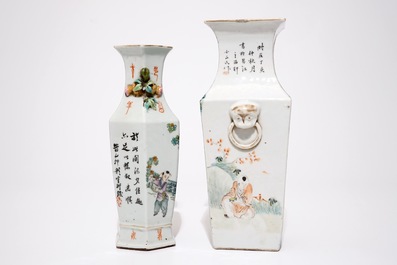 Un vase de forme carr&eacute;e en porcelaine de Chine qianjiang et un vase hexagonal en famille rose, 19/20&egrave;me