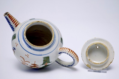 A polychrome Dutch Delft chinoiserie teapot and cover, 18th C.