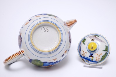 A polychrome Dutch Delft chinoiserie teapot and cover, 18th C.