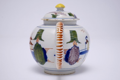 A polychrome Dutch Delft chinoiserie teapot and cover, 18th C.