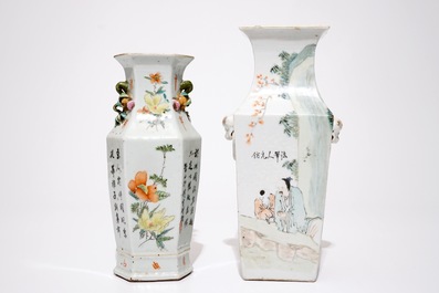 A square Chinese qianjiang cai vase and a hexagonal famille rose vase, 19/20th C.