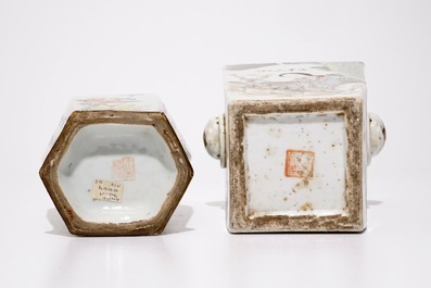 Un vase de forme carr&eacute;e en porcelaine de Chine qianjiang et un vase hexagonal en famille rose, 19/20&egrave;me