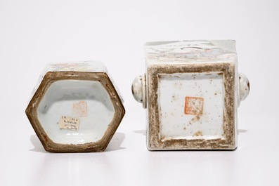 A square Chinese qianjiang cai vase and a hexagonal famille rose vase, 19/20th C.