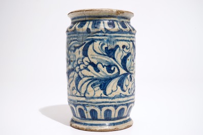 A blue and white Antwerp maiolica albarello drug jar, ca. 1580