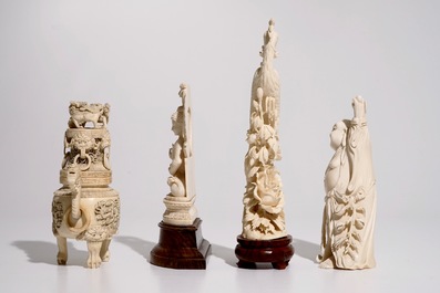 Four Chinese and Indian ivory carvings, incl. an incense burner and a figure of Buddha, late 19th/early 20th C.