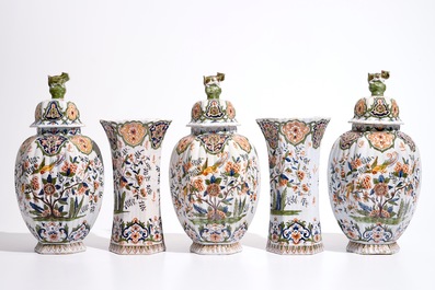 A polychrome Delft style five-piece garniture, France, 19th C.
