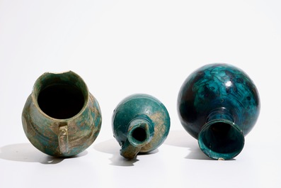 Three Islamic turquoise glazed jugs, incl. Raqqa and Iran, 14th C. and later