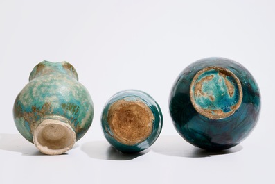 Three Islamic turquoise glazed jugs, incl. Raqqa and Iran, 14th C. and later