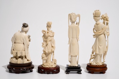 Four Chinese carved ivory female figures on wooden base, late 19th and early 20th C.