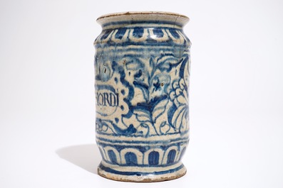A blue and white Antwerp maiolica albarello drug jar, ca. 1580