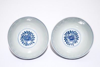 A pair of Chinese blue and white peony scroll bowls, Chenghua mark, Ming