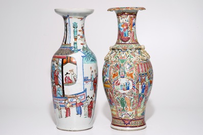 Deux grands vases en porcelaine de Chine famille rose et de Canton, 19&egrave;me