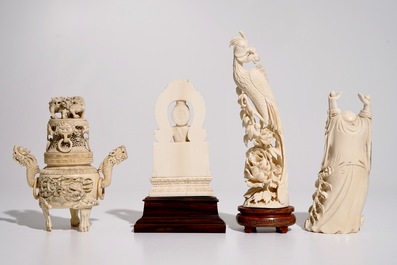 Four Chinese and Indian ivory carvings, incl. an incense burner and a figure of Buddha, late 19th/early 20th C.