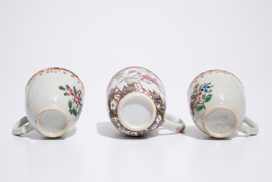 Three Chinese famille rose cups and saucers, Qianlong