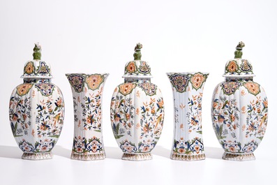 A polychrome Delft style five-piece garniture, France, 19th C.