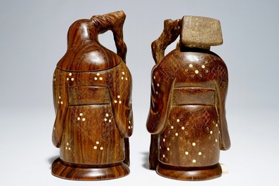 A pair of Japanese okimono in ivory and wood, Meiji, signed