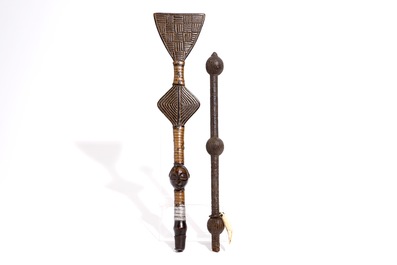 Two carved wood ceremonial staffs and a pipe, Luba and Bakongo, D.R. Congo, 1st half 20th C.