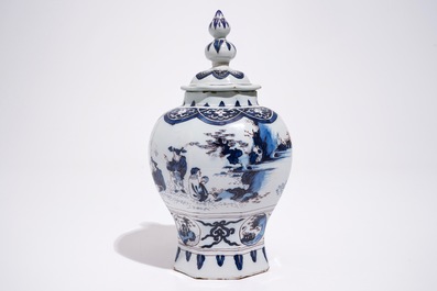 A Dutch Delft octagonal chinoiserie vase and cover in blue and manganese, late 17th C.