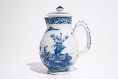 A Chinese blue and white milk jug and cover with twisted handle, Qianlong