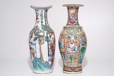 Deux grands vases en porcelaine de Chine famille rose et de Canton, 19&egrave;me