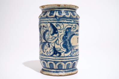 A blue and white Antwerp maiolica albarello drug jar, ca. 1580