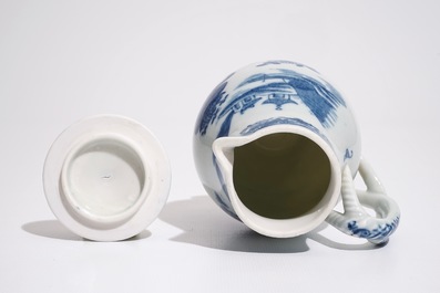 A Chinese blue and white milk jug and cover with twisted handle, Qianlong