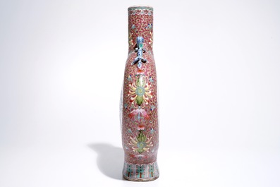 A tall Chinese famille rose moonflask with garden scenes, 19/20th C.