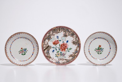 Three Chinese famille rose cups and saucers, Qianlong
