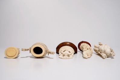 Four Chinese and Indian ivory carvings, incl. an incense burner and a figure of Buddha, late 19th/early 20th C.