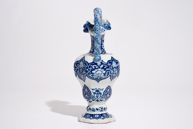 A Dutch Delft blue and white rope twist handle jug, late 17th C.